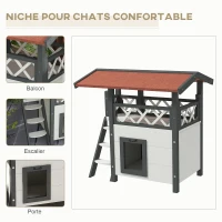 PawHut Maison lodge pour chats sauvage errants avec terrasse escalier 77 x 50 x 73 cm blanc et rouge(m-4)