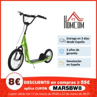 HOMCOM Scooter Patinete para Niños Mayores de 5 Años con 2 Neumáticos de Caucho Inflable con Doble Freno Manillar Ajustable en Altura Soporte 100 kg 135x58x88-94 cm Verde(m-10)