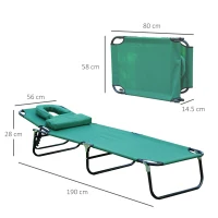 Outsunny Foldable Outdoor Sun Lounger Adjustable Backrest Reclining Chair with Pillow and Reading Hole Garden Beach, Dark Green(m-3)
