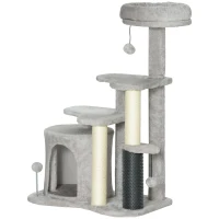 PawHut Albero per Gatti con Casetta, Lettino e Palline, in Truciolato, Sisal e Peluche, 60x39x87 cm, Grigio Chiaro e Crema(m-10)