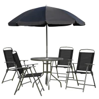 Outsunny - Set Mobili da Giardino in Tubi d'Acciaio 6 pz Set di Tavolo, Sedia e Ombrellone Nero(m-10)