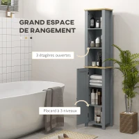 kleankin Meuble colonne de salle de bain placard à 3 niveaux étagères réglables porte en lambris 34 x 23 x 165 cm gris(m-4)