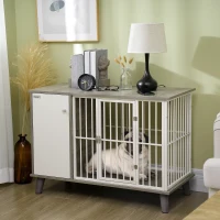 PawHut Dog Crate Pet Kennel Cage Large Top End Table w/ Side Cabinet Soft Cushion for Small Dogs Grey 98 x 48 x 70.5 cm(m-10)
