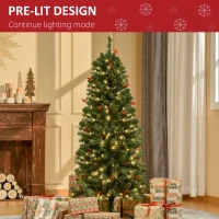 HOMCOM 5FT Prelit Artificial Pencil Christmas Tree with Warm White LED Light, Red Berry, Holiday Home Xmas Decoration, Green(m-5)