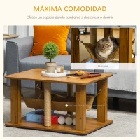 PawHut Mesa de Centro Hamaca para Gatos con 2 Postes Rascadores de Yute y Estante Inferior de Almacenaje 79x59x45,5 cm Marrón(m-5)