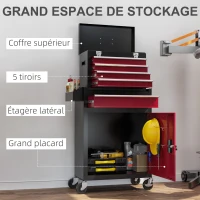HOMCOM Armoire à outils sur roulettes avec 5 tiroirs et armoire verrouillable, sur roulettes pour l'atelier et la maison, rouge(m-4)