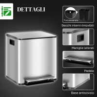 HOMCOM Bidone Immondizia a 2 Sezioni da 15L a Pedale con Coperchio Silenzioso, in Acciaio Inox e PP, 41.8x36.7x44 cm(m-7)