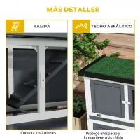 PawHut Conejera de Madera de 2 Pisos con Techo Asfáltico Bandejas Extraíbles y Rampa para 2 Conejos 97x44x91 cm Gris(m-7)