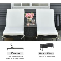 Outsunny Conjunto de 2 Tumbonas de Jardín con Cojines Acolchados Ratán con Mesa Auxiliar para Piscina o Terraza Carga 160 kg 195x60x86 cm Acero Negro(m-4)