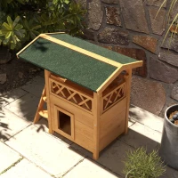 PawHut Cat House Outdoor w/ Balcony Stairs Roof, 77 x 50 x 73 cm, Natural Wood Finish(m-9)