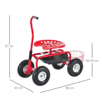 Outsunny Adjustable Rolling Garden Cart Outdoor Gardening Planting Station Trolley Swivel Gardener Work Seat Heavy Duty With Tool Tray & Basket Red 150kg(m-3)