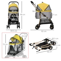 PawHut Detachable Pet Stroller with Rain Cover, 3 In 1 Cat Dog Pushchair, Foldable Carrying Bag w/ Universal Wheels, Brake, Canopy, Basket, Storage Bag for Small and Tiny Dogs - Yellow(m-3)
