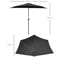 Outsunny 2.7m Garden Half Parasol, Outdoor Balcony Umbrella with 5 Steel Ribs, Patio Sun Shade, Black(m-3)