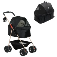 PawHut Passeggino per Cani 3 in 1 Pieghevole con Borsa Trasportino e Cestino Inferiore, Nero(m-1)