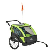 HOMCOM Bike Trailer 2 In1 Child Kids Stroller 2 Seater Carrier with Adjustable Handlebar Hitch Coupler Green(m-11)