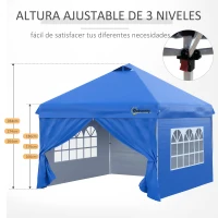 Outsunny Carpa Plegable 3x3 m con Altura Ajustable de 3 Niveles Cenador de Jardín con 4 Paredes Extraíbles 2 Ventanas 4 Sacos de Arena y Bolsa de Transporte Gazebo para Exterior Camping Azul(m-6)