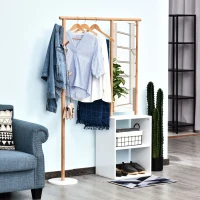 HOMCOM Porte-manteaux meuble d'entrée vestiaire penderie avec miroir 4 patères 2 niches dim. 100L x 34l x 164H cm MDF blanc bois massif bambou(m-4)