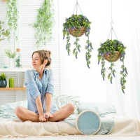 HOMCOM Set of 2 Decorative Artificial Plants, Faux Silk Lavender Flowers in Hanging Baskets, Fake Plants for Home Indoor Outdoor Decor, Purple(m-2)