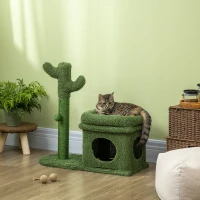 PawHut Tiragraffi per Gatti con Lettino, Casetta e Palo in Sisal a Forma di Cactus, 68x30x67cm, Verde(m-2)