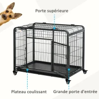 PawHut Cage pour chien pliable cage de transport sur roulettes 2 portes verrouillables plateau amovible dim. 125L x 76l x 81H cm métal gris noir(m-4)