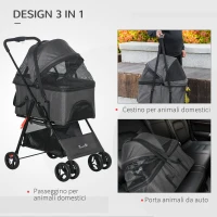 PawHut Passeggino per Cani 3 in 1 Convertibile in Borsa e Trasportino con Guinzaglio e Cuscino, Grigio(m-4)
