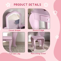 ZONEKIZ Kids Vanity Table with Mirror, Stool, Drawer, Storage Boxes, Cloud Design, for Ages 3-6 Years - Pink(m-7)