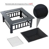 Outsunny Braciere da Giardino Quadrato con Coperchio e Copertura Antipioggia, 81x81x46cm(m-7)