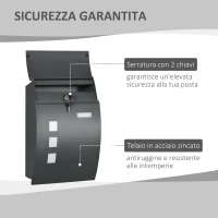 HOMCOM Cassetta Postale Ricurva in Acciaio con 3 Fessure e 2 Chiavi di Sicurezza 45x10x32 cm, Grigio(m-4)