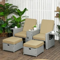 Outsunny 5PC PE Rattan Sun Lounger, Outdoor Wicker 5-level Adjustable Recliner Sofa Bed with Storage Side Table and Footstools, for Patio, Garden, Poolside, Beige(m-2)