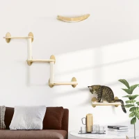 PawHut 3PCs Wall-Mounted Cat Shelves, with Jumping Platforms, Hammock, Scratching Post - Oak Tone(m-2)