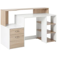 HOMCOM Mesa de Ordenador PC 137x55x92 cm Escritorio con Estantería de 3 Estantes 2 Cajones y Soporte para Impresora para Oficina Estudio Despacho Blanco y Roble(m-9)