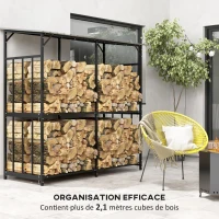 Outsunny Abri à bois en acier galvanisé à 2 niveaux, rack de rangement pour bûches avec toit métal, 186 x 75 x 185 cm(m-4)