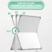 HOMCOM Tableau blanc magnétique double face effacable rotatif mobile avec support, aimants, marqueurs, gomme et roulettes(m-4)
