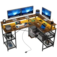HOMCOM LED Light 'L' Computer Desk, with Shelves - Brown(m-11)