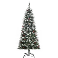HOMCOM Albero di Natale Innevato Artificiale 150cm con Bacche Rosse e Pigne Bianche, Base Rimovibile Pieghevole, 408 Rami(m-10)