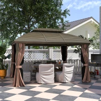Outsunny 3.65 x 3(m) Hardtop Steel Gazebo Canopy with Aluminium Frame, Double Roof, Net Sidewalls and Curtains, Coffee(m-2)