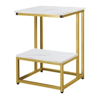 HOMCOM Side Table, Doule Layer End Table, Modern Coffee Table with Steel Frame and Adjustable Non-Slip Feet for Living room, Bedroom, White(m-11)