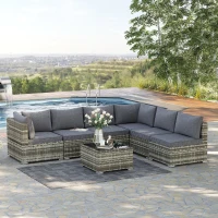 Outsunny 7 Pieces Outdoor PE Rattan Corner Sofa Set, Patio Wicker Conversation Chaise Lounge Furniture w/ Tempered Glass Table-top & Soft Padded Cushion for Garden, Backyard, Lawn, Dark Grey(m-10)