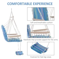 Outsunny Hanging Rope Chair with Soft Padded Seat & Backrest, Portable Garden Hammoc Chair with Wooden Support Bar, Armrests, Cotton Cloth, Footrest, for Patio & Tree, Blue(m-6)