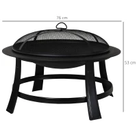 Outsunny Metal Large Firepit Bowl Outdoor Round Fire Pit w/ Lid, Log Grate, Poker for Backyard, Camping, BBQ, Bonfire, Wood Burning Stove, 76 x 76 x 53cm, Black(m-3)