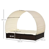 Outsunny Sdraio da Giardino Doppia con Tettuccio e Schienale 5 Reclinazioni, Lettino Prendisole in Rattan PE 196x137x31cm Bianco Crema(m-3)
