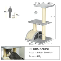 PawHut Albero per Gatti a 3 Livelli con Tiragraffi, Peluche e Sisal, 40x35x72 cm, Grigio Chiaro(m-3)