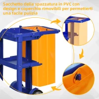 HOMCOM Carrello Pulizie a 3 Ripiani con Ganci e Sacco da 100L, 121x50.5x96.5 cm, Blu Giallo e Grigio(m-6)