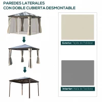 Outsunny Cenador para Jardín 3x3 m Alumnio Pabellón para Exterior con Techo de Policarbonato Anti-UV y 4 Mosquiteras Laterales con Cremalleras para Fiestas Eventos Beige(m-5)