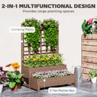 Outsunny 2-Tier Raised Garden Bed with Trellis, Wooden Elevated Planter Box with Drainage Holes, Outdoor Raised Planter for Climbing Plants, Fruits, Vegetables, Flowers, Brown(m-4)