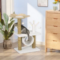 PawHut Arbre à chat griffoir sisal naturel tunnel plateforme style cosy chic quenouille peluche polyester 56 x 40 x 91cm beige(m-2)