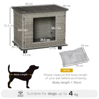 PawHut Wicker Dog House, Rattan Pet Bed, Cat House, End Table Furniture, with Soft Cushion, Adjustable Feet, for X-Small Dogs Grey, 60 x 44 x 51.5 cm(m-3)