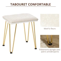 HOMCOM Coiffeuse Table de maquillage moderne - Miroir LED réglable intégré - Tabouret Inclus - pied en métal doré - 2 tiroirs + 1 Organisateur Blanc(m-7)