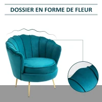 HOMCOM Fauteuil Coquillage Fauteuil Design dim. 79L x 77l x 77H cm Pieds dorés effilés Velours Bleu(m-5)