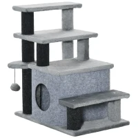 PawHut Escalera para Gatos de 4 Peldaños Escalón para Mascotas Ajustable con Cueva y Bola Colgante 60x40x66 cm Gris(m-11)
